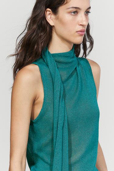 High neck top with scarf detail — Turquoise 1