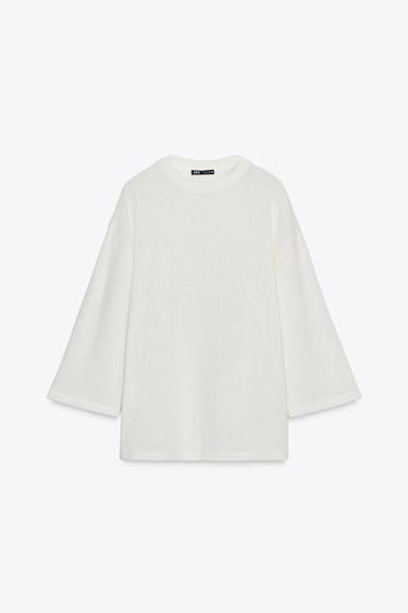 Zara OVERSIZED KNIT T-SHIRT - Ecru