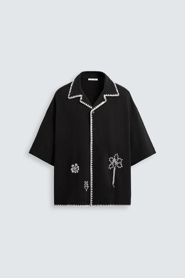 Zara CONTRAST EMBROIDERY SHIRT - Black