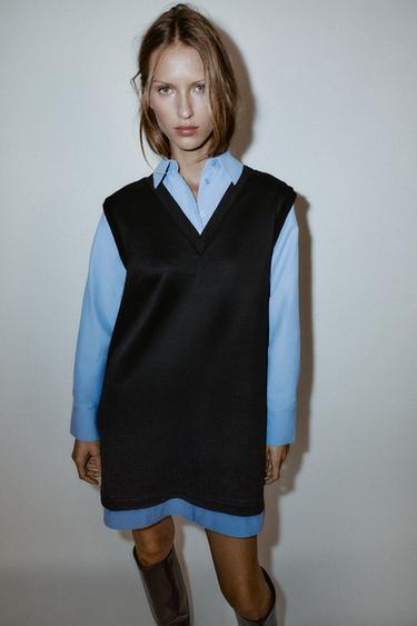 Zara COMBINED POPLIN MINI DRESS - Blue / Black
