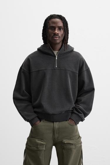 Zara WASHED QUARTER-ZIP SWEATSHIRT - Dark anthracite