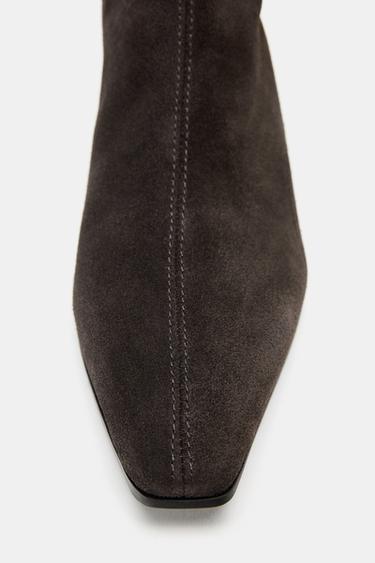 Zara SPLIT LEATHER KITTEN HEEL ANKLE BOOTS - Chocolate Brown