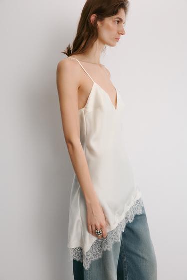 TOP LENCERO SATINADO ENCAJE - Blanco roto de Zara