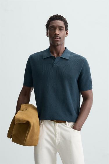 Zara TEXTURED KNIT POLO SHIRT - Faded blue