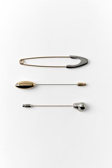 PACK OF 3 METAL SAFETY PIN AND NEEDLE BROOCHES - Gold / Silver by Zara