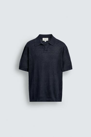 REGULAR FIT 100% LINEN KNIT POLO - Dark navy by Zara