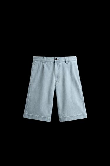 Zara PLEATED RELAXED FIT DENIM SHORTS - Sky blue