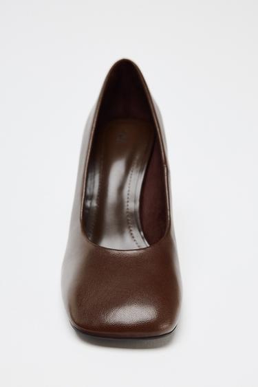 LEATHER HIGH-HEEL SHOES WITH SQUARE TOES - Brown by Zara