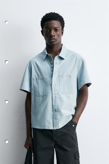 CAMISA CHAMBRAY BOLSILLOS - Azul claro de Zara