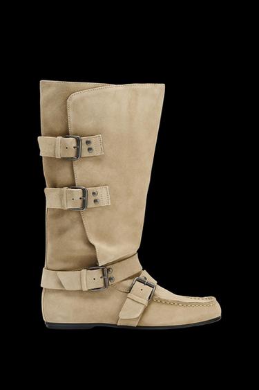 SPLIT SUEDE BUCKLED BOOTS - Sand Brown by Zara