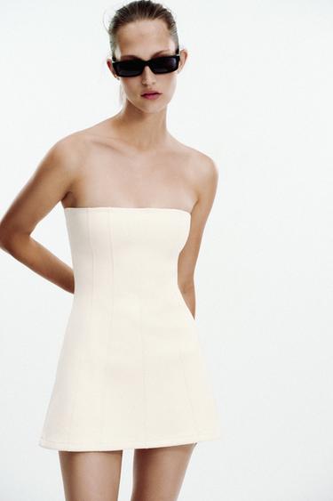 Zara INTERLOCK STRAPLESS DRESS - Ecru