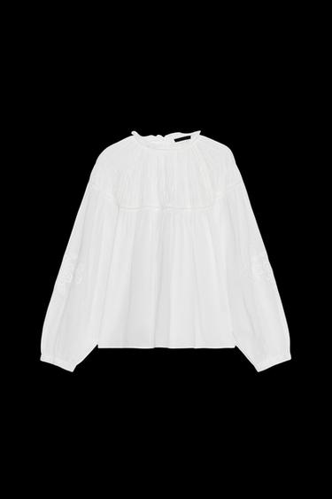Zara ROMANTIC HONEYCOMB SMOCKED SHIRT - White