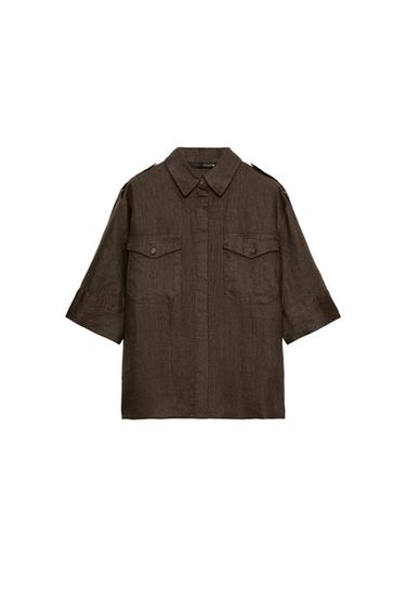 РУБАШКА ИЗ 100% ЛЬНА С КАРМАНАМИ — ZW COLLECTION — СЕРО-КОРИЧНЕВЫЙ от Zara
