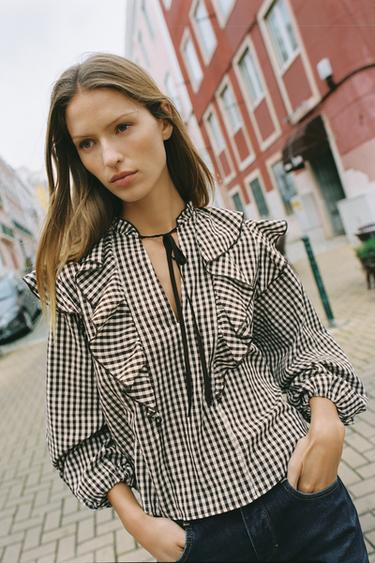 БЛУЗА В КЛІТИНКУ ВІШІ З ВОЛАНАМИ - Коричневий/екрю Zara