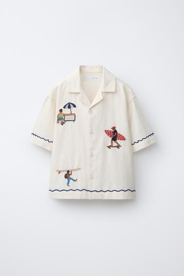 Zaras BOWLINGSKJORTA MED BRODERIER OCH LINNE - Naturfärg