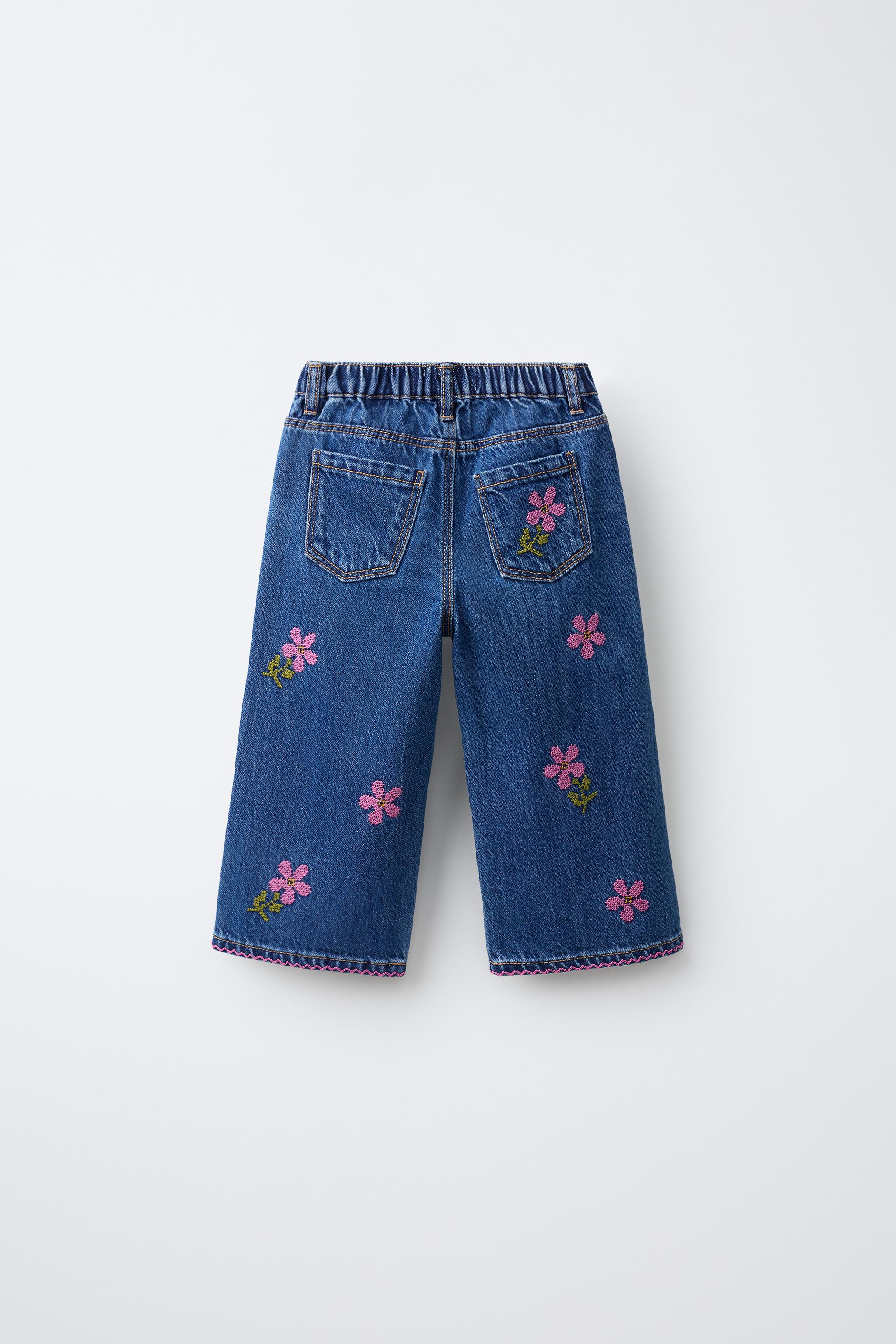 EMBROIDERED FLORAL CULOTTE JEANS — Blue