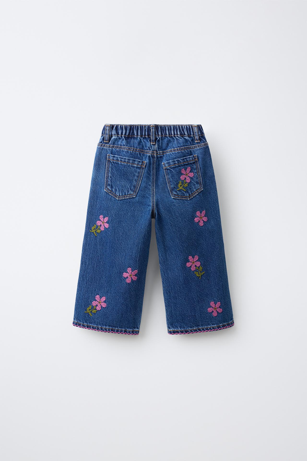 EMBROIDERED FLORAL CULOTTE JEANS — Blue