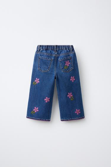 EMBROIDERED FLORAL CULOTTE JEANS — Blue 2