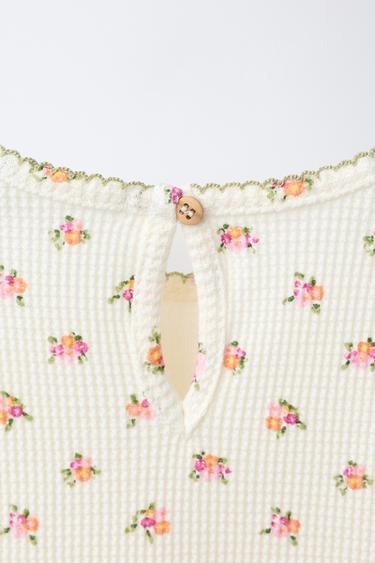 WAFFLE-KNIT FLORAL T-SHIRT - Ecru by Zara - Image 3