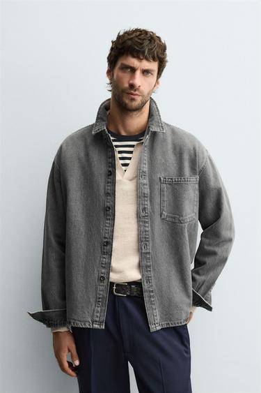 Zara BOXY FIT DENIM SHIRT - Gray