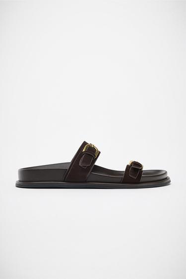 Zara SUEDE BUCKLED SANDALS - Chocolate Brown