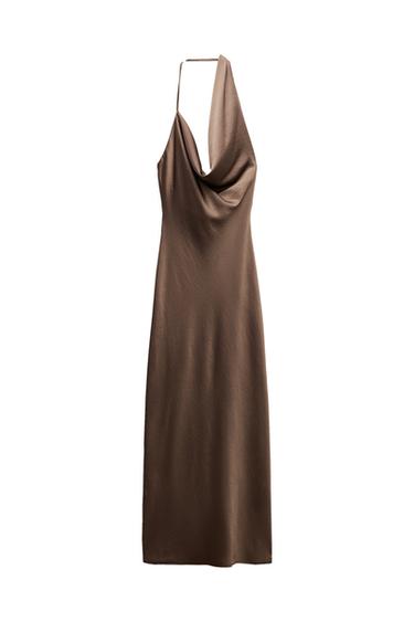 Front view of brown dress with draped neckline and spaghetti straps.