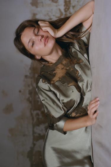 SATIN LACE DRESS - Grey green by Zara - Image 4