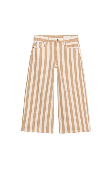 Zara ZW COLLECTION MID-RISE STRIPED CULOTTE JEANS - Mid-ecru