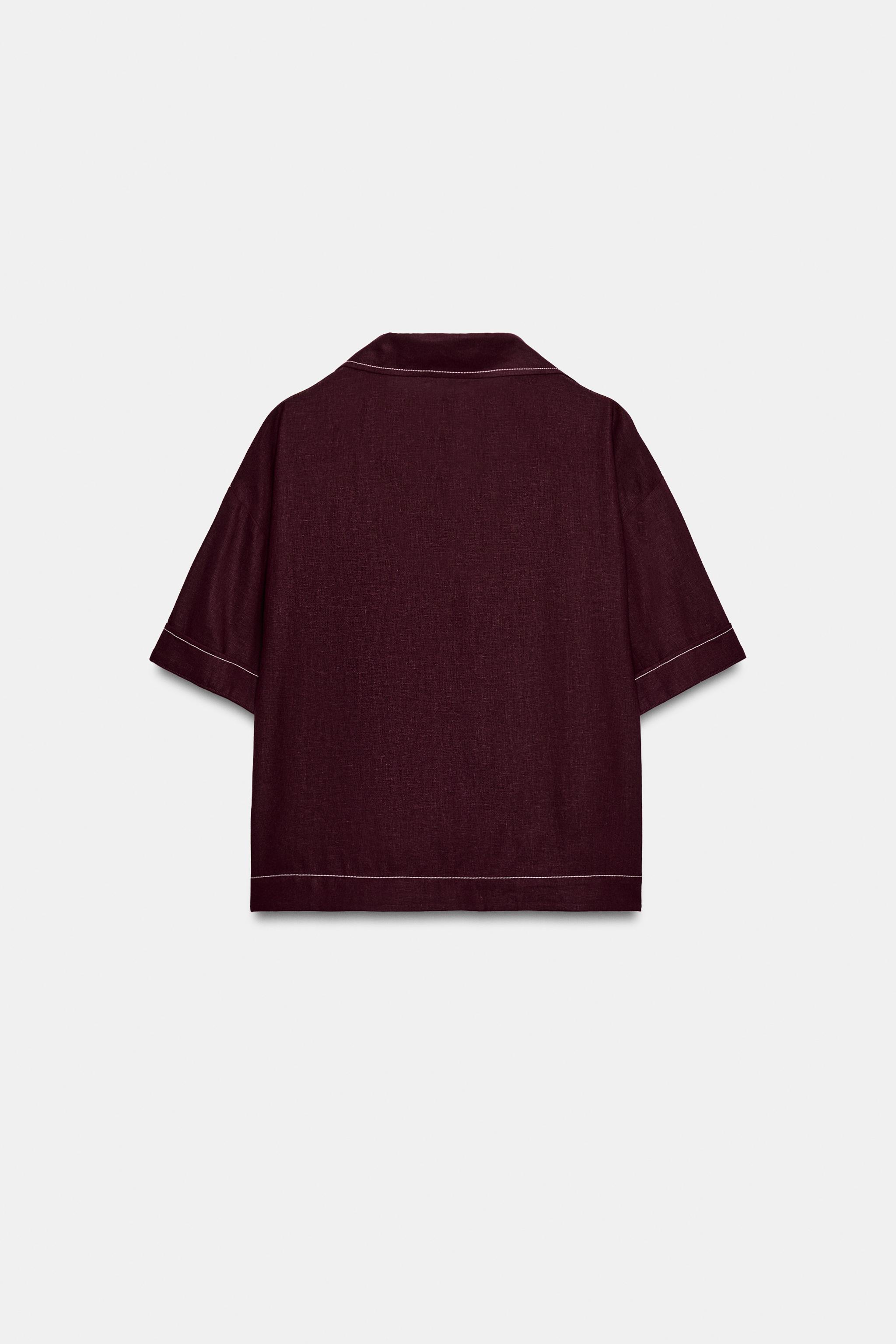 Женские рубашки Zara LINEN TOP WITH CONTRAST PIPING — фото 8