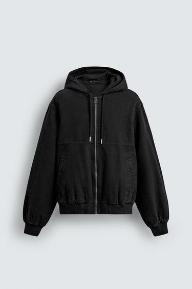 Zara WASHED JACKET WITH HOODIE - Black