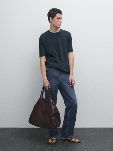 Zara 100% cotton T-shirt with ribbed trims - Navy blue - Image 0
