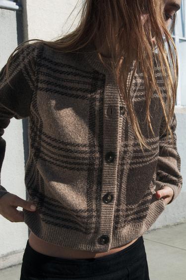 CHECK KNIT CARDIGAN - mink brown by Zara