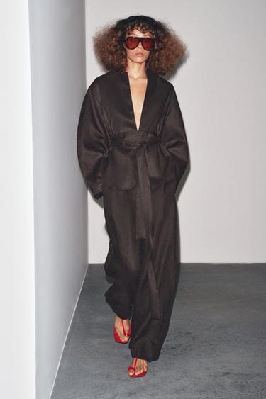 KIMONO LIN CEINTURE ZW COLLECTION - Marron de Zara