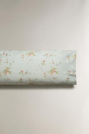 FLORAL BRANCH SATEEN PILLOWCASE (300 THREAD COUNT) - Blue / Green by Zara - Image 4
