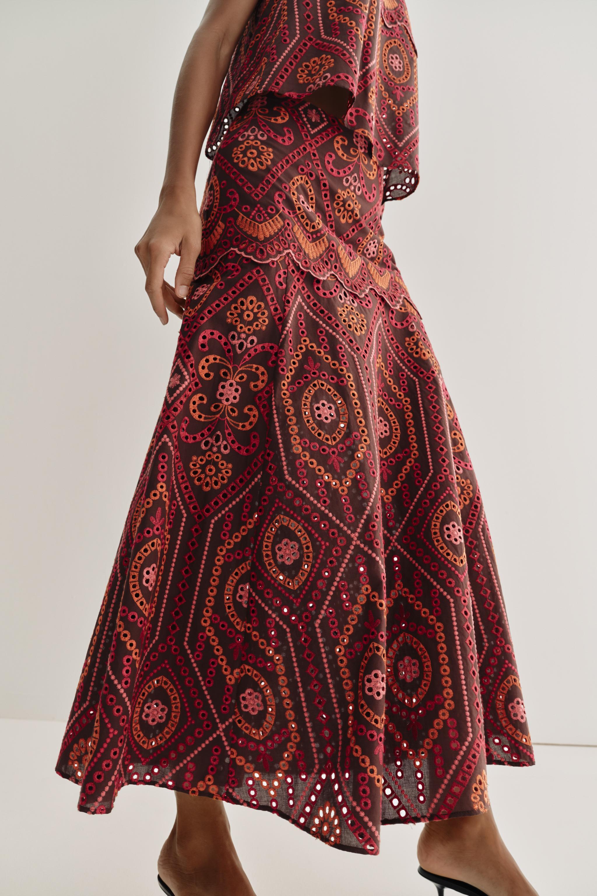 EMBROIDERED EYELET MIDI SKIRT