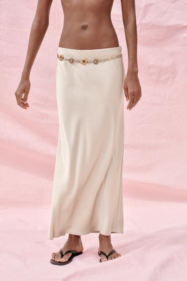 JUPE MIDI SATINÉE - Gris / Beige de Zara - Image 1