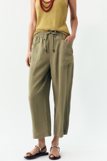 Zara RUSTIC ELASTIC WAIST PANTS - Khaki