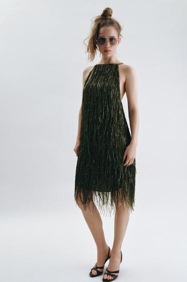 Zara ZW COLLECTION FRINGED SEQUIN DRESS - Green