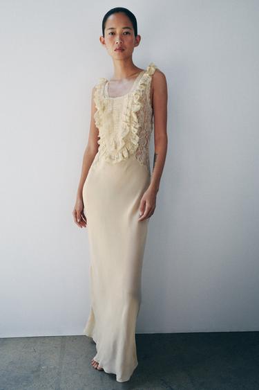 VESTIDO LARGO DRAPEADO ENCAJE - Crudo de Zara