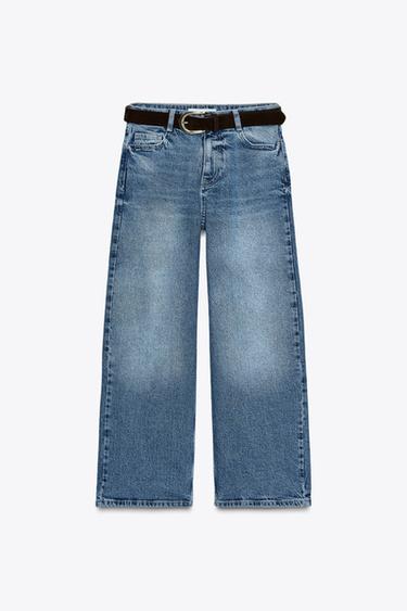 Zara Z.10 高腰腰帶寬褲牛仔褲 - 中藍色
