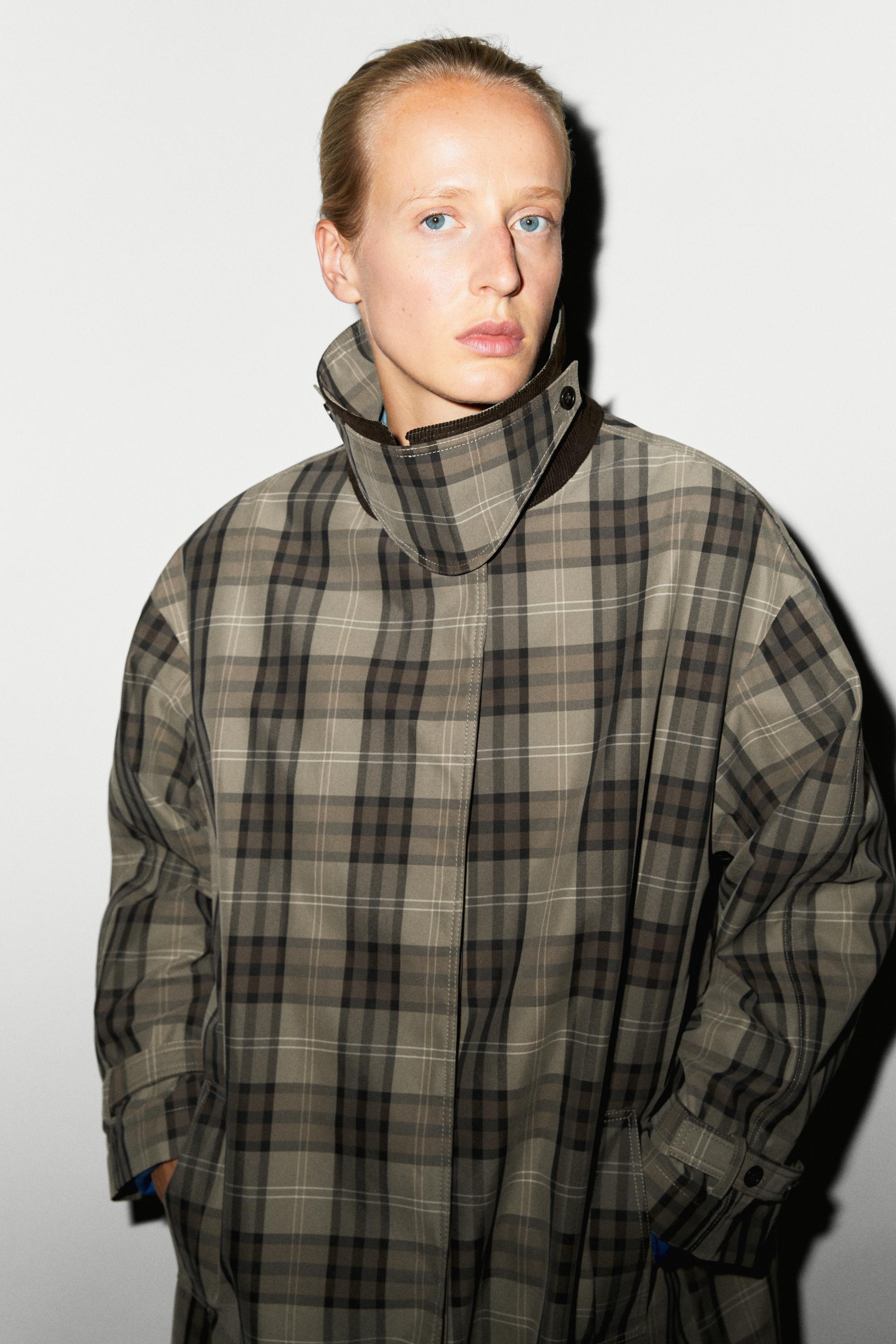 Long cotton blend plaid trench coat