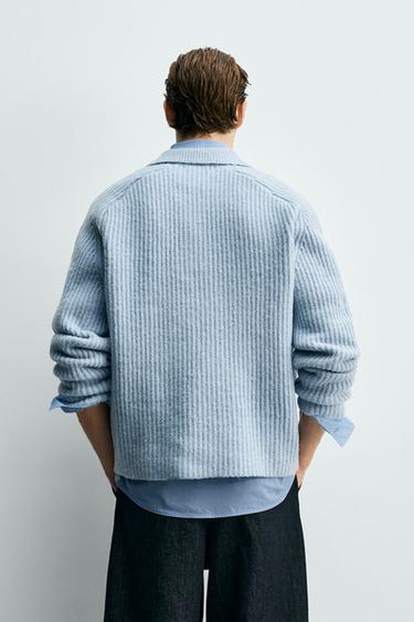 POLO EN MAILLE PERLÉE AVEC MÉLANGE DE LAINE - Bleu ciel de Zara - Image 2