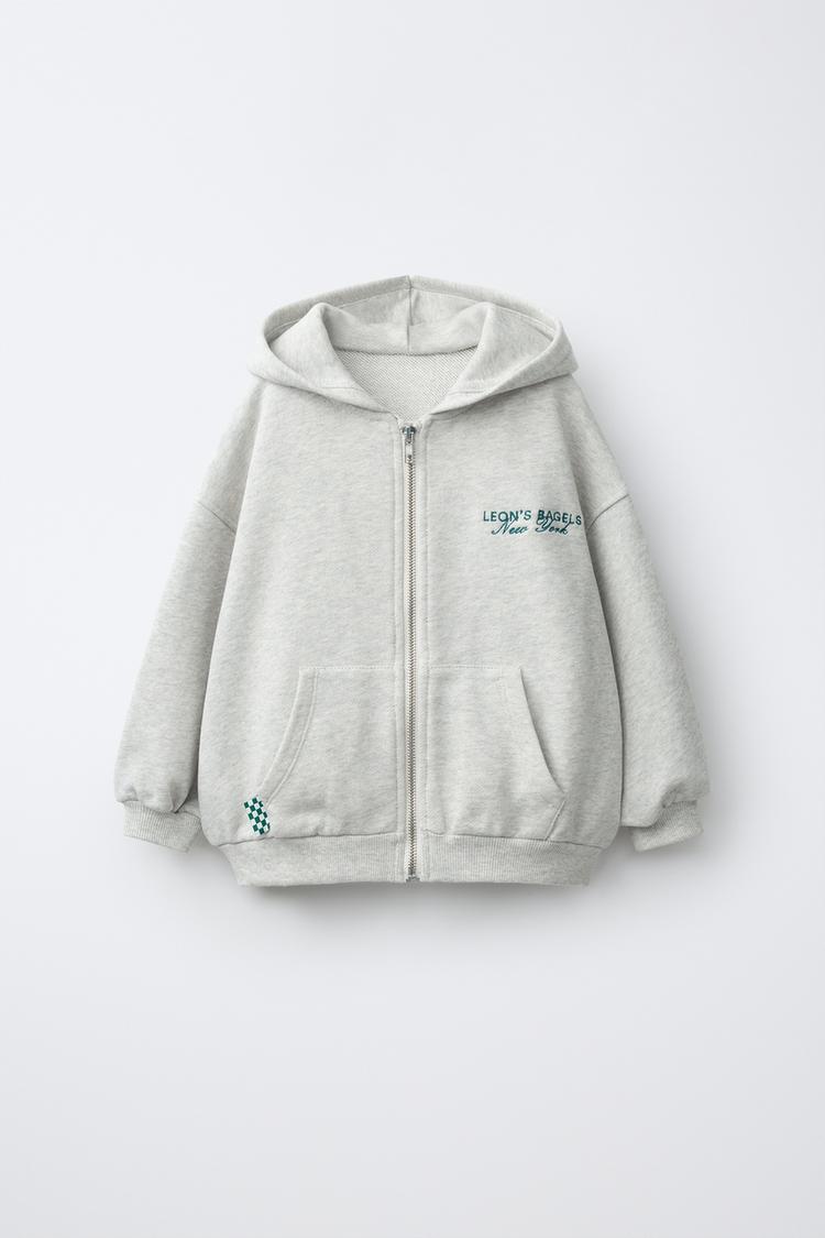 LEON'S BAGELS EMBROIDERED ZIP-UP HOODIE — Gray marl