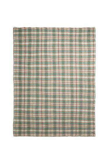 CHECK WAFFLE KNIT COTTON BLANKET - Green / Blue by Zara
