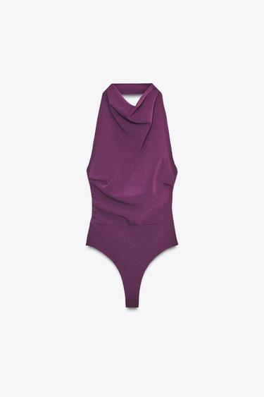 Zara OPEN BACK HALTER BODYSUIT - Eggplant