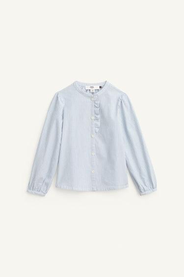 Zara LIMITED EDITION STRIPED SHIRT WITH RUFFLE TRIM - Blue / White