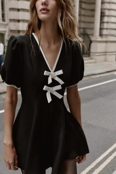 Zara 撞色結飾迷你連身裙 - 黑色