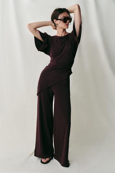 STRAIGHT-LEG CREPE TROUSERS WITH SLITS - Wine by Zara