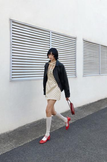 Zara 結飾圓點短版洋裝 - 裸色 / 黑色