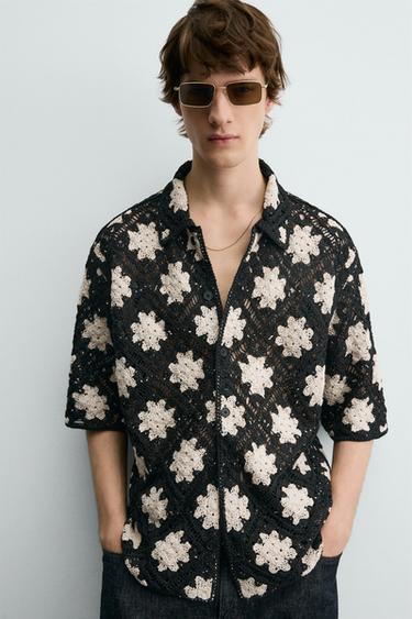 CROCHET TEXTURED SHIRT - Black / White by Zara - Image 4